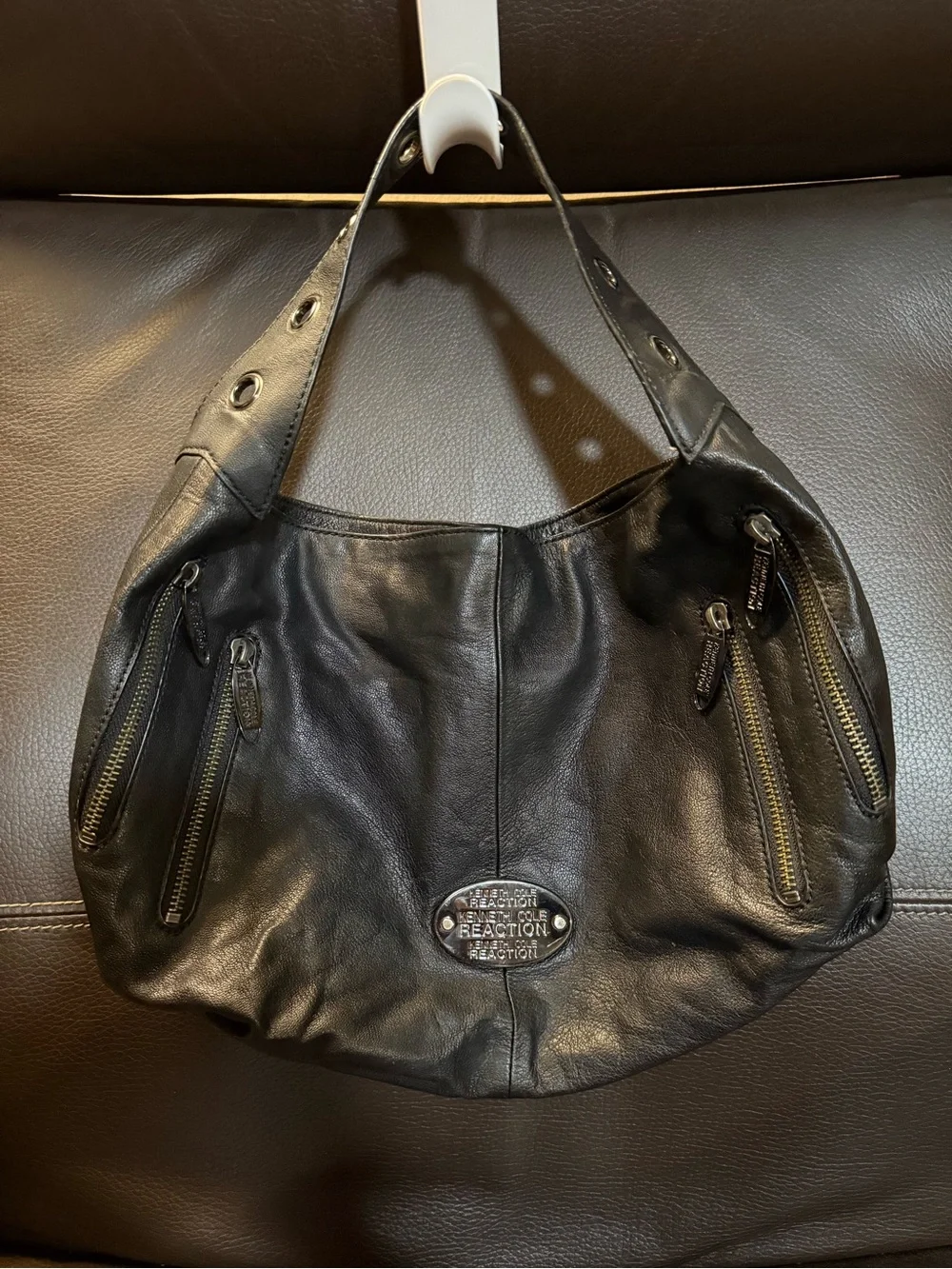 Kenneth Cole Reaction Black Leather Shoulder Hobo with Grommet Strap